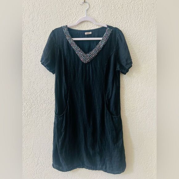Lina Tomei Mini Dress with Beaded Neckline Sz S Linen Pockets Made in Italy - Picture 2 of 9